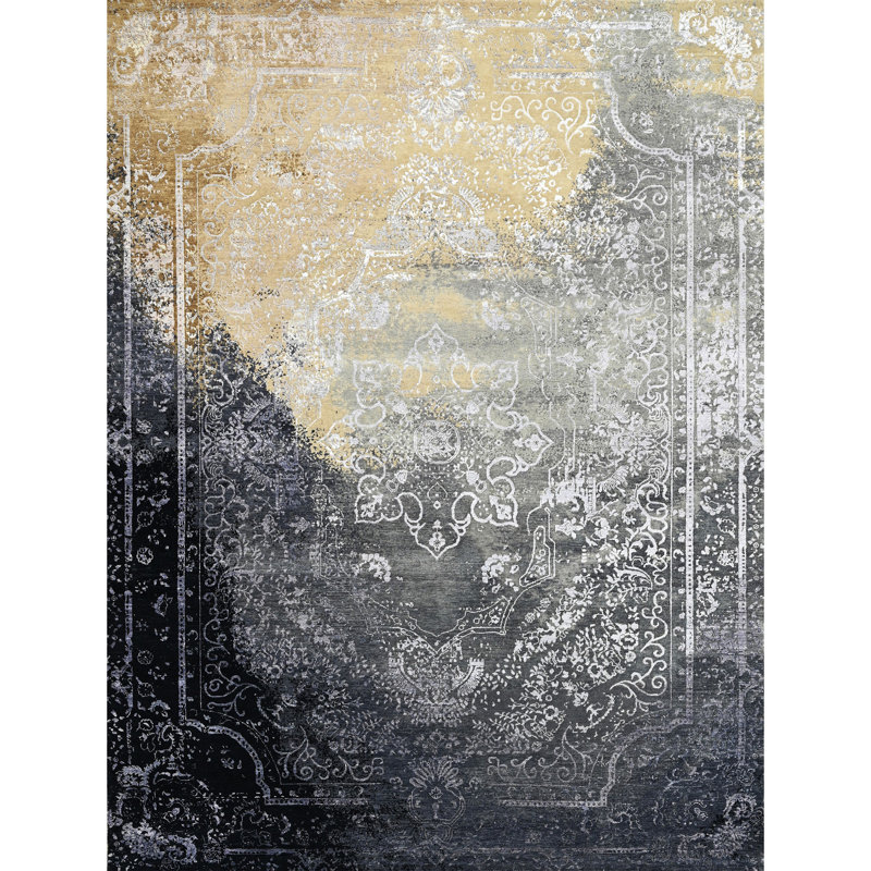 Tapis oriental noué à la main en gris / noir / beige, Rectangle de 10 pi x 14 pi