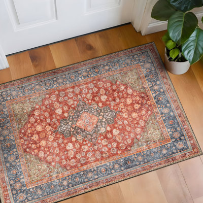 Tapis traditionnel à médaillon rouge Marin - tissé à plat, surface lavable avec envers antidérapant