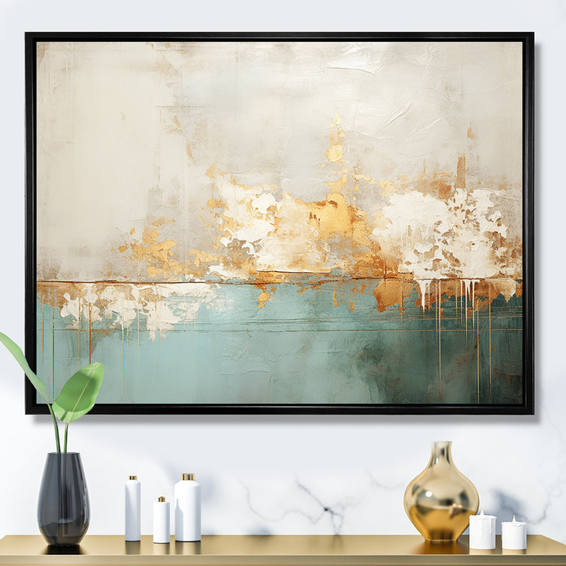 Minimalisme doré et bleu sarcelle horizon I - peinture abstraite, art mural, Cadre flottant noir, H 12 po x l 20 po x P 1 po