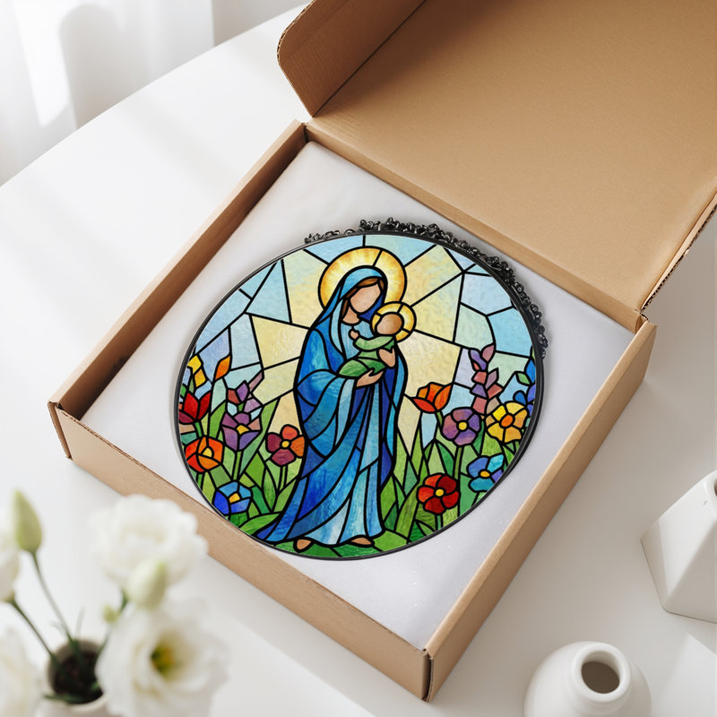 Panneau de vitrail 12 "H Vierge à l'enfant, H 12 po x l 12 po