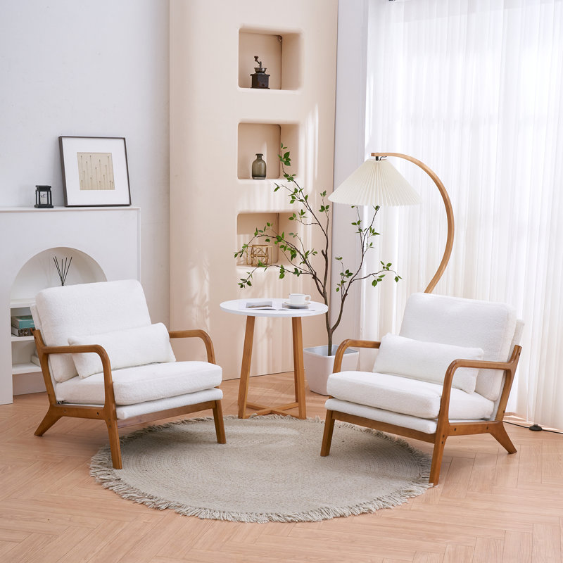 Lemley Mid Century Solid Wood Accent Chair Upholstered Armchair With An Extra Pillow （Set Of 2), White Teddy