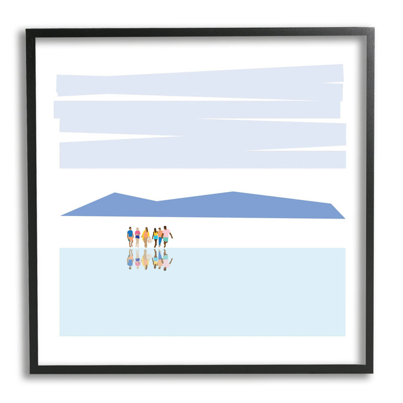 Groupe à la plage, réflexion dans l'eau, montagnes abstraites - impression, Giclée encadrée noir minuit