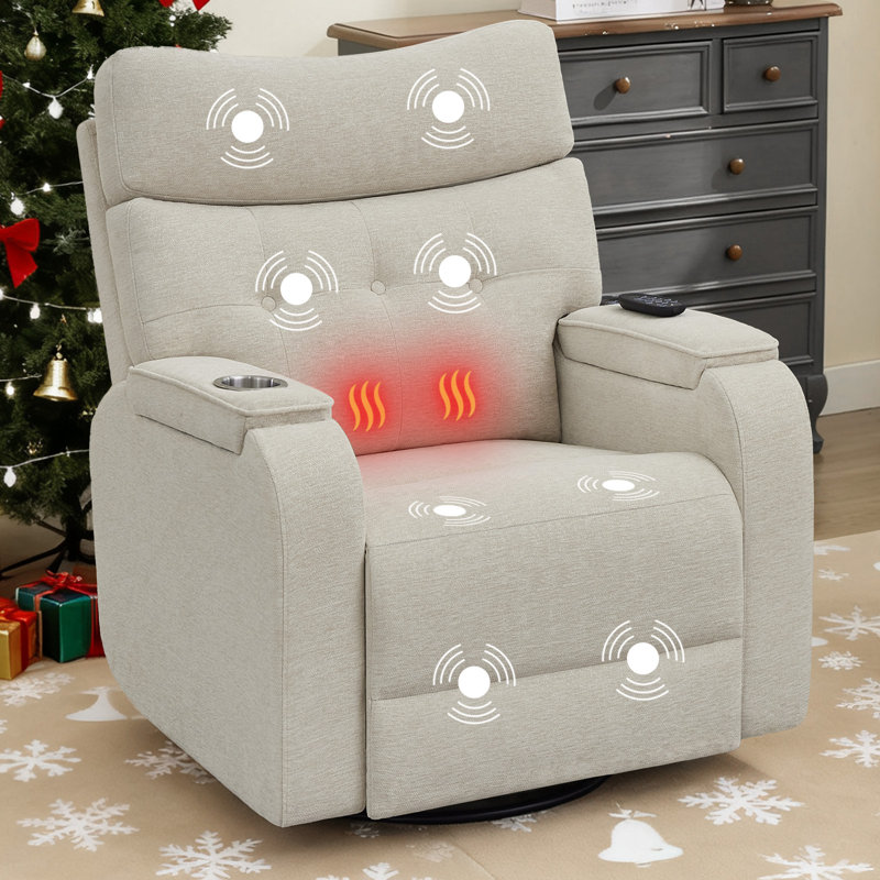 35''W Modern Power Swivel Rocker Glider Nursery Recliner with Massage and Heating, Arm Storage and Cup Holder, Camel