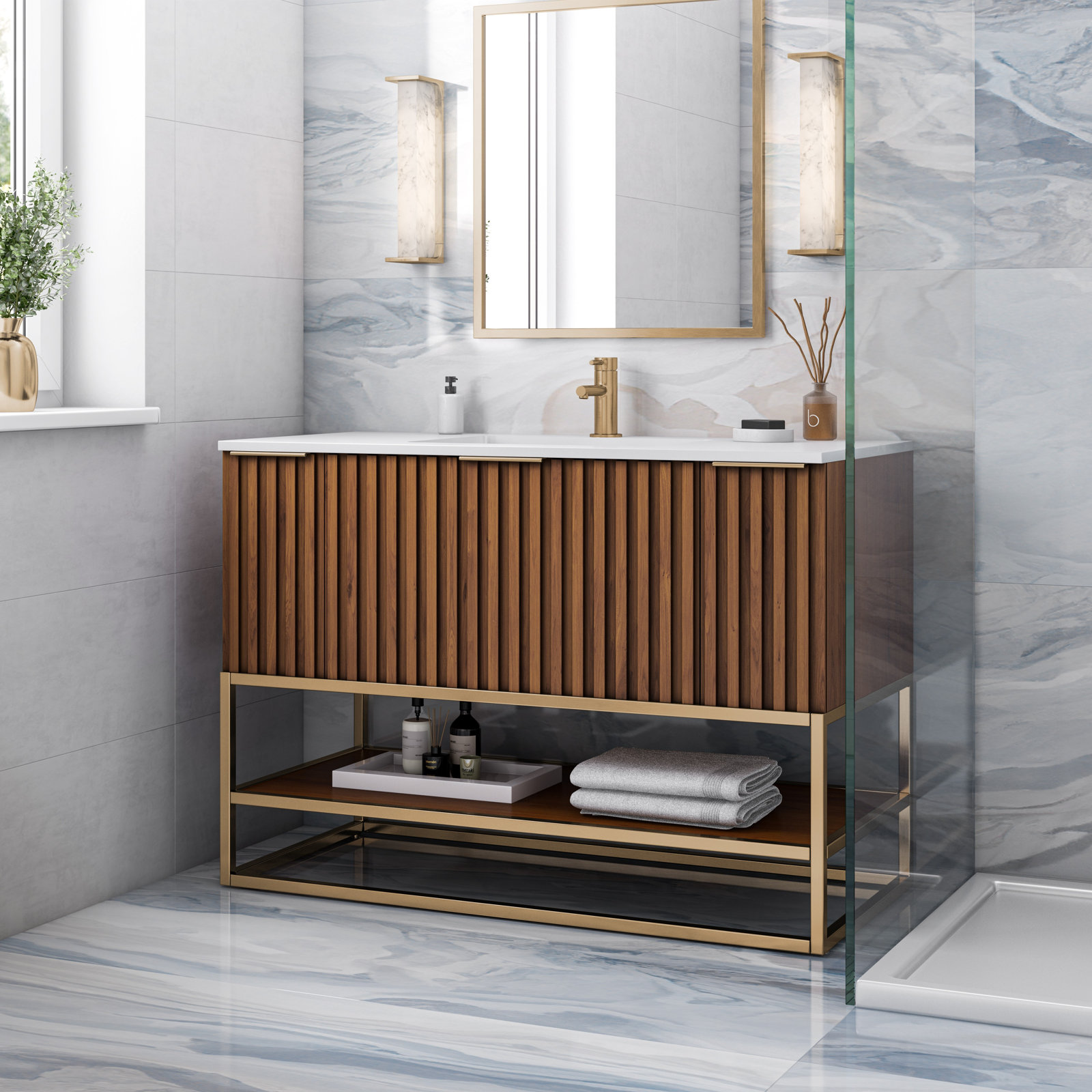 Terra 48" Carrara Marble Single Bathroom Vanity, White Quartz/Single Faucet Mount, Walnut, Satin Brass