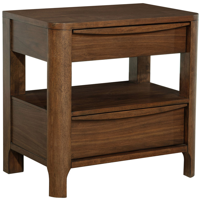 Table de chevet en noyer avec deux tiroirs, colonnes arrondies et tiroir doublé, idéale pour le rangement dans la chambre à coucher, étagère de chevet ouverte à 2 tiroirs de style Mid-Century, placage de bois de feutre brun foncé, décor