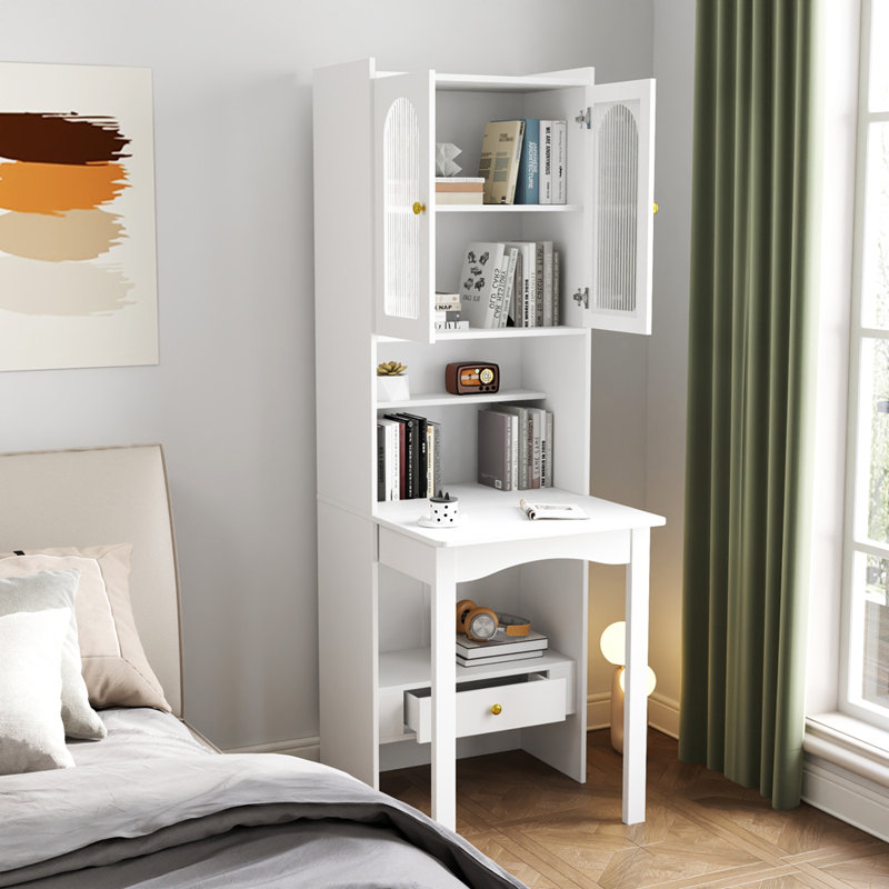 Fold-Out Convertible Writing Table, Desk Cabinet with shelf and drawer Multi-Function Home Office Workstation