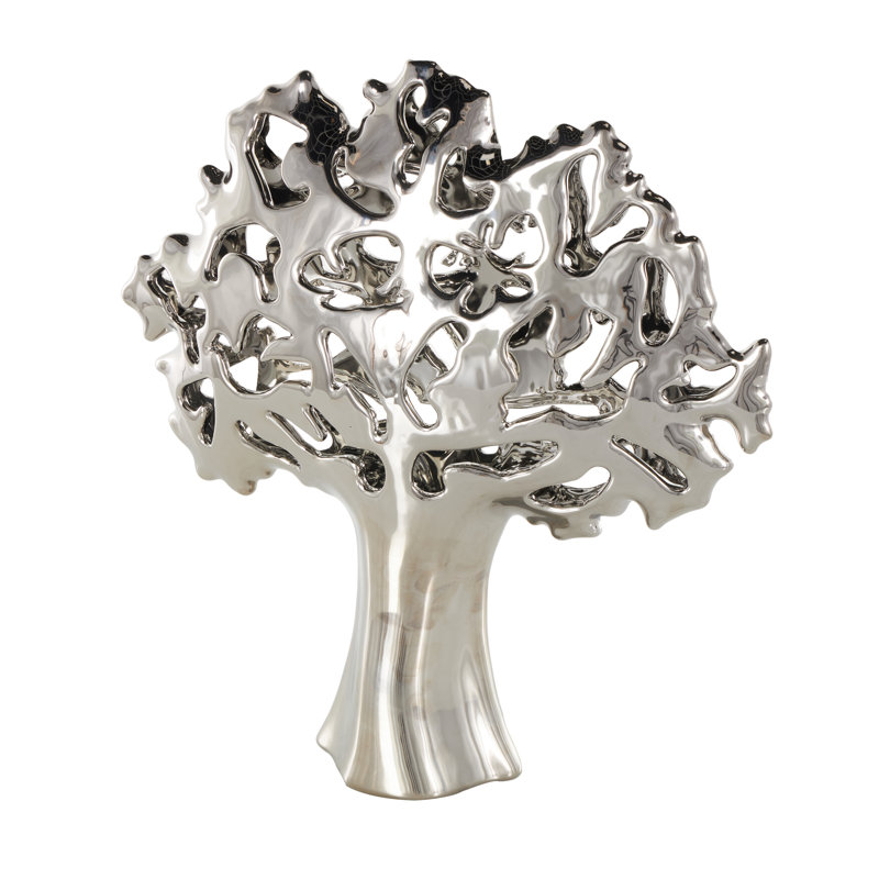 Cole And Grey Ceramic Glossy Tree Decorative Sculpture With Abstract Cutouts, Silver