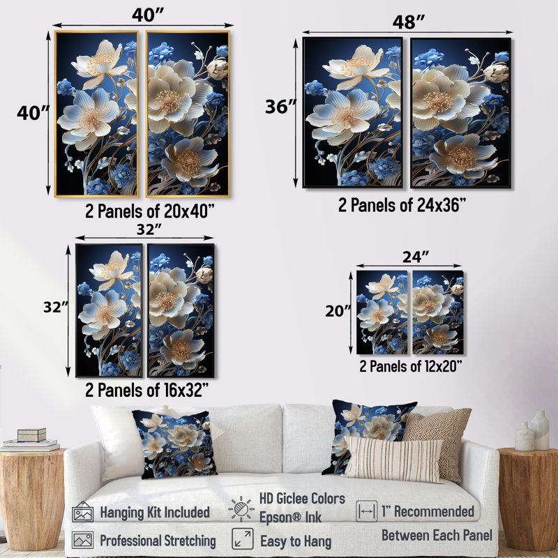 Cristal bleu bleuets Harmony II - Fleurs florales de bleuet, reproduction d'art sur toile, H 20 po x l 24 po, Toile tendue