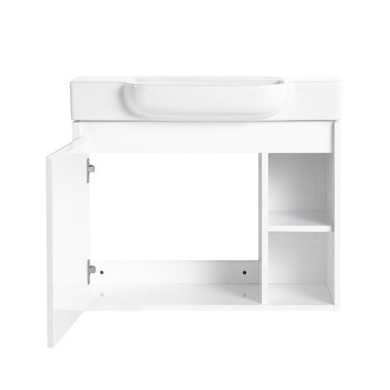 Meuble-lavabo mural avec lavabo en céramique blanche, Blanc lustré