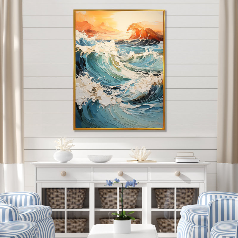 Teal Waves Fight II - Nautique et plage, reproduction d'art sur toile, Cadre flottant doré, H 32 po x l 24 po x P 1 po