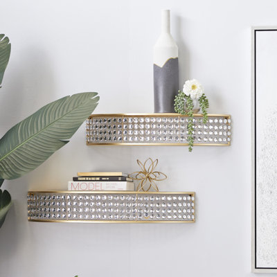 Gold Metal Half-Moon Room Wall Shelf with Crystal Embellishments, Set of 2 