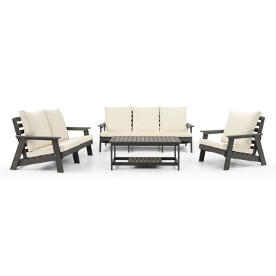 HIPS Loveseat With Cushion, Wood Grain Outdoor Garden Sofa
