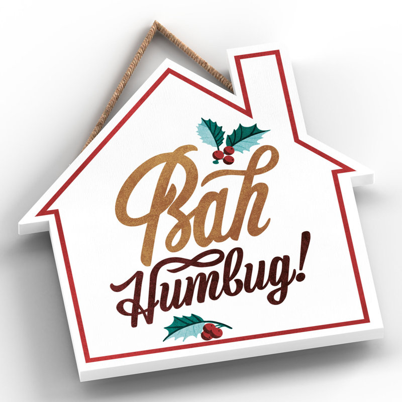 Xmas Bah Humbug Holly Wooden House Plaque, 9.9cm H x 9.9cm W x 0.5cm D