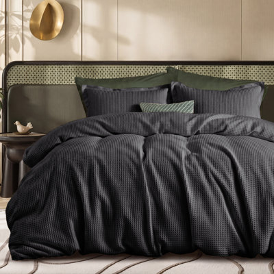 Bedsure Cotton Duvet Cover Queen - 100% Cotton Charcoal Black Weave Khaki Beding Set for All Season (Set of 3)