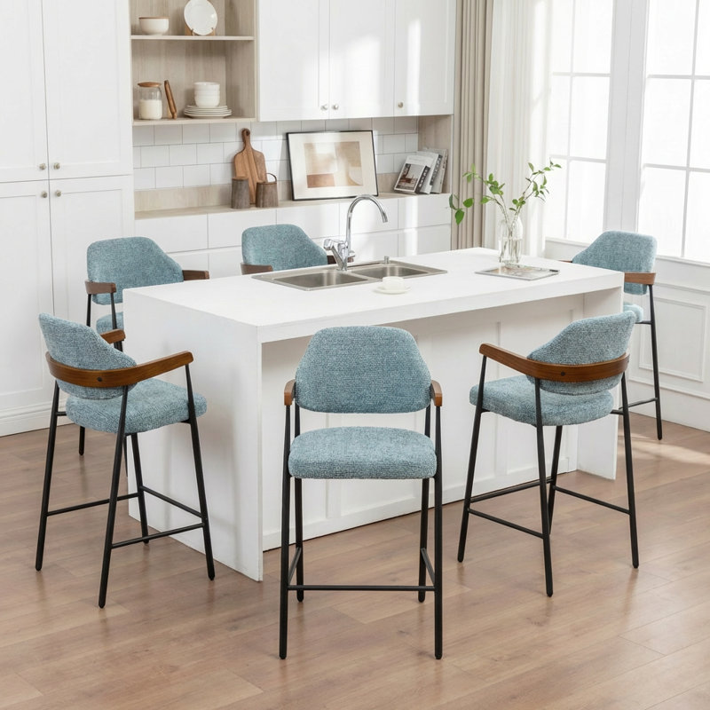Devane Upholstered Counter Stool With Armrest, Blue