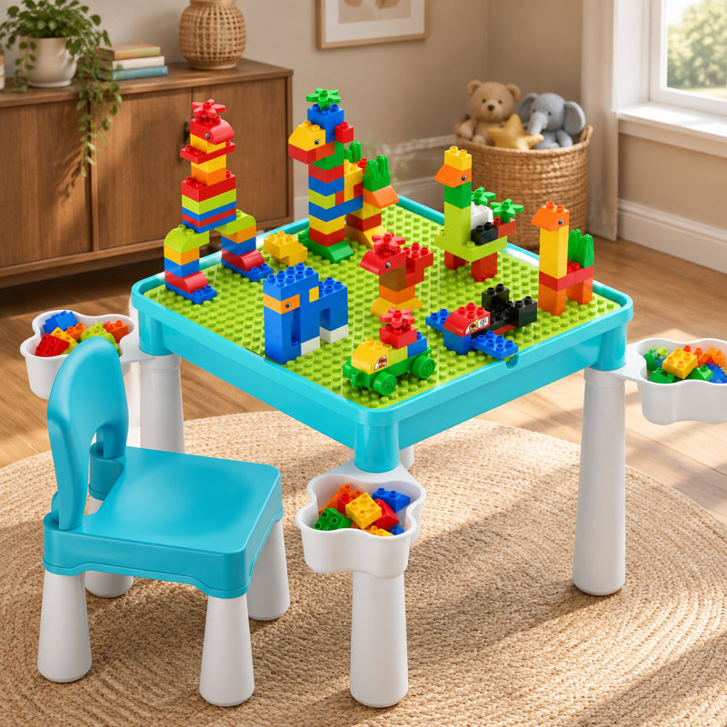 Cet ensemble de table de construction pour tout-petits bleu comprend 1 chaise, 128 blocs de construction et une boîte de rangement; Sa fabrication robuste en ABS, ses bords lisses et son dessus étanche en sable et en eau conviennent aux jeux d'intérieur ou d'extérieur pour les enfants de 3 ans et plus et aux cadeaux.