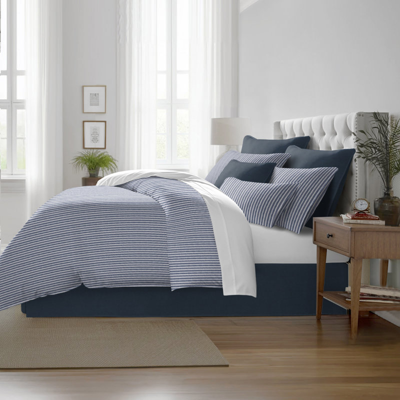 Walker Ticking Stripe Indigo/White Cotton Duvet Cover Set, Twin Duvet Cover + 1 Standard Sham