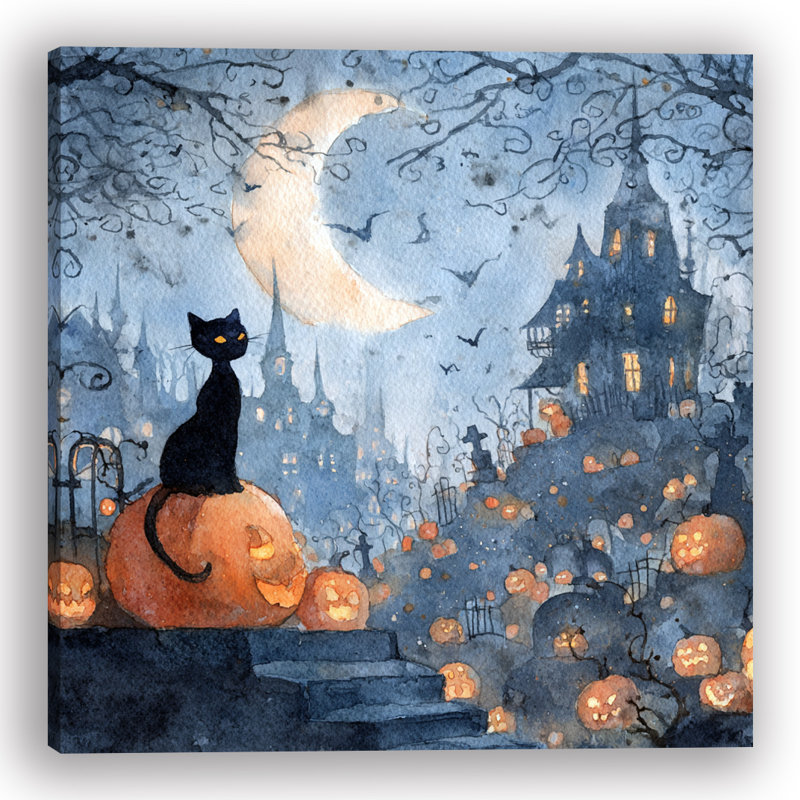 Art mural toile au clair de lune chat et citrouille