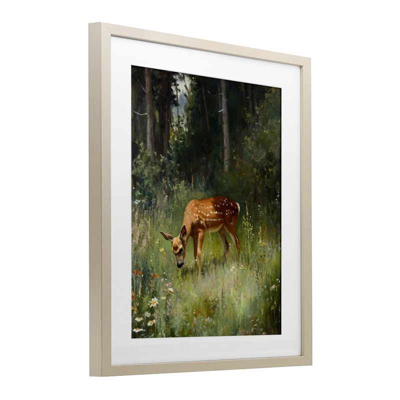 «Grazing Deer at Forest Glen», reproduction sous verre encadrée, design par Franklyn Gregory, Cadre de récolte en pin