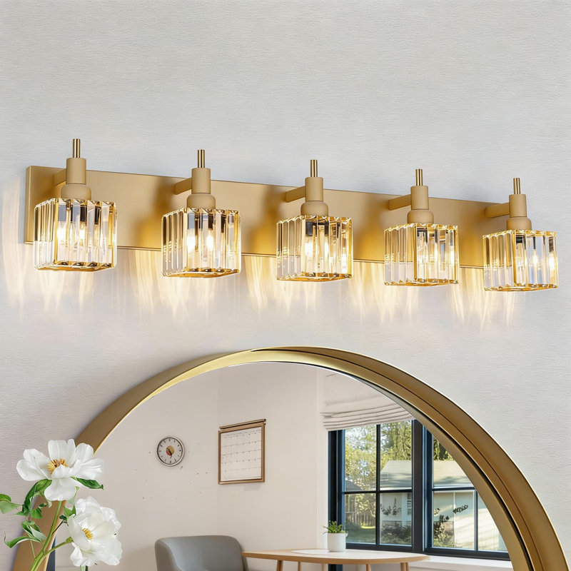 Luminaire de meuble-lavabo moderne en cristal doré - applique murale à 5 lumières à intensité variable avec cristaux K9 pour miroir ou chambre à coucher