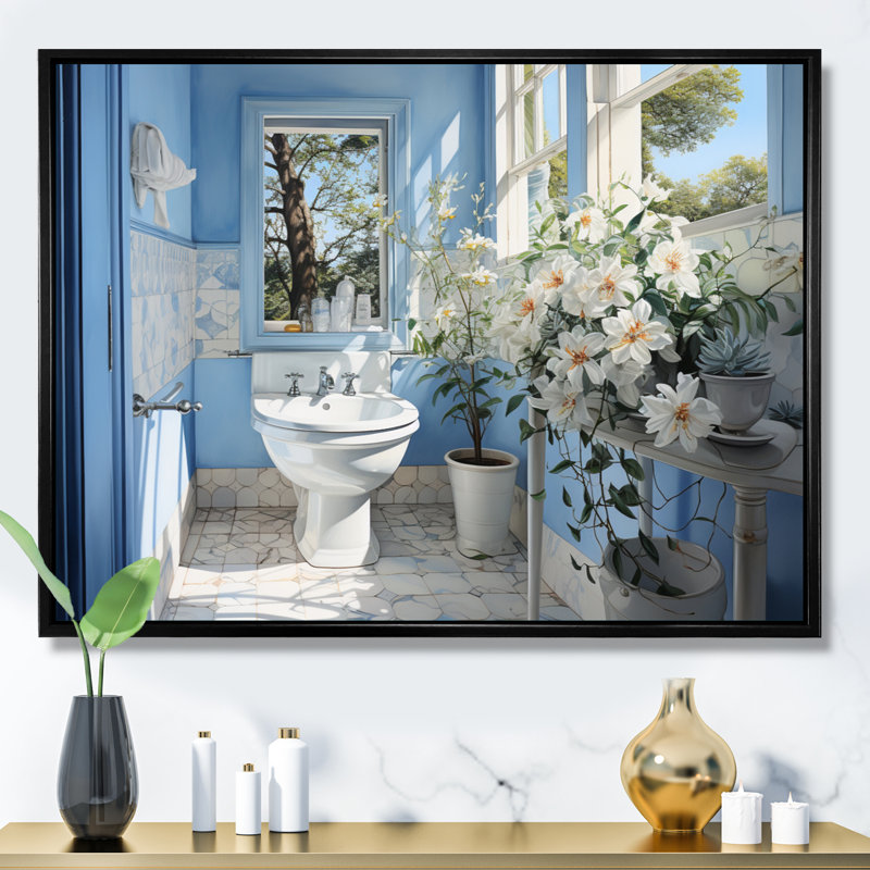 Bathroom Bathroom Reflections Of II - Impression sur toile de salle de bain, H 24 po x l 32 po x P 1 po, Cadre flottant noir