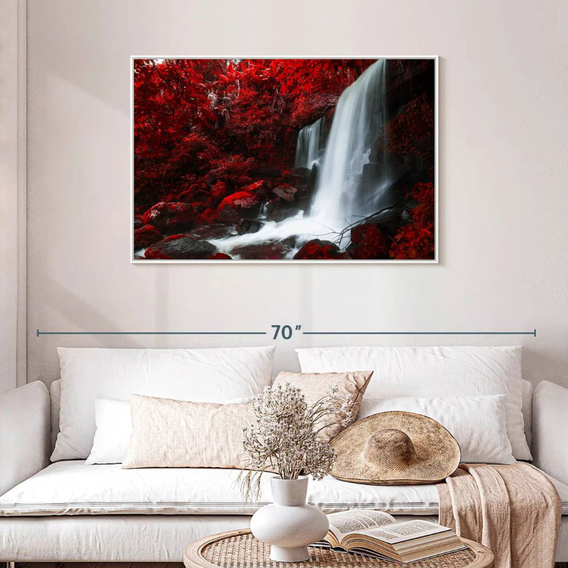 Chute d'eau rouge d'automne, Cadre flottant blanc, 43 po x 29 po