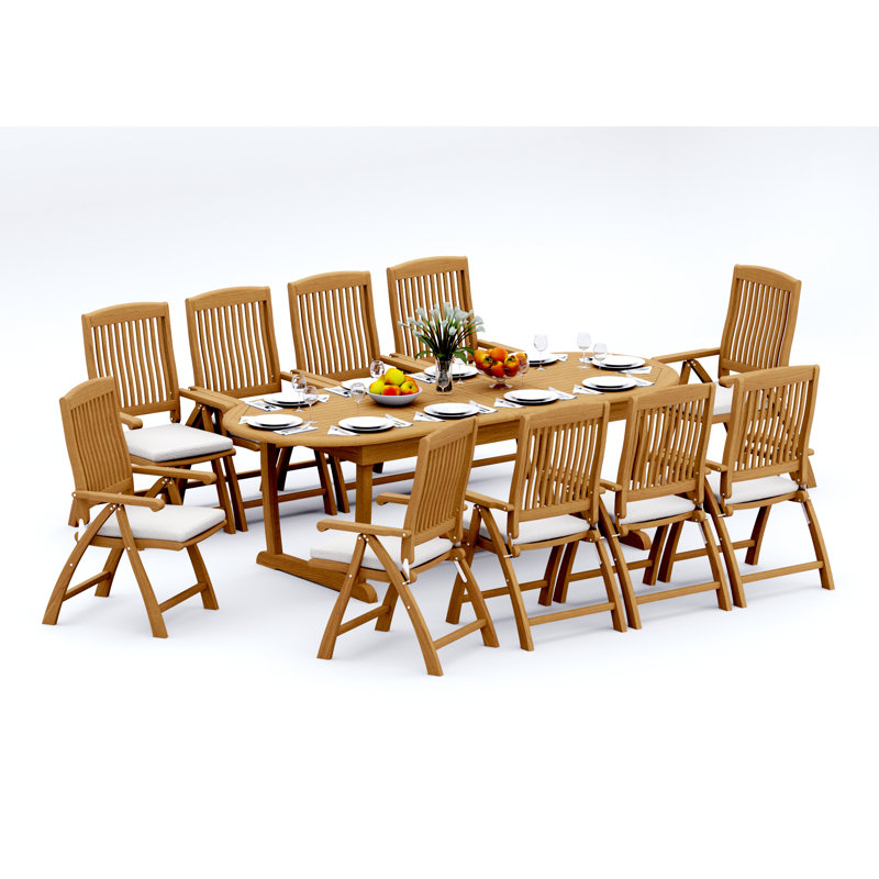 10 Seats 11 Pcs Grade-A Teak Wood Dining Set: 94" Mas Oval Trestle Leg Table And 10 Marley Folding Reclining Arm Chairs #11MR2310