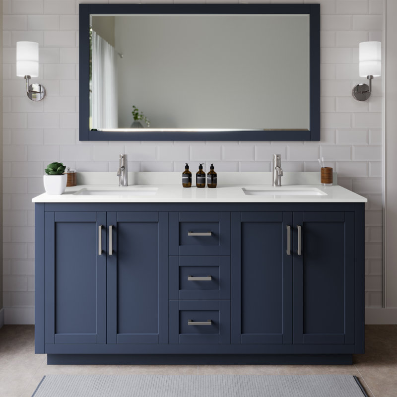Miranda 66" Freestanding Double Bathroom Vanity with Quartz Top with 58" Mirror, White Quartz, Dark Blue, Brushed Nickel