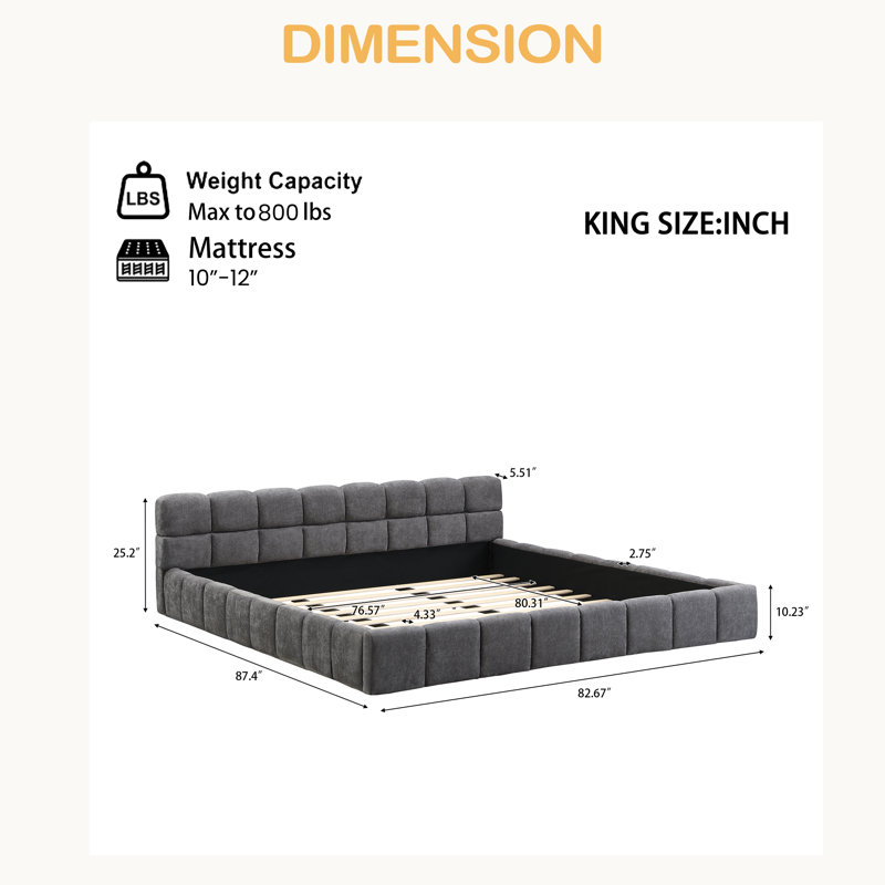 Elegant Chenille Upholstered Bed With Checkerboard Design,, King