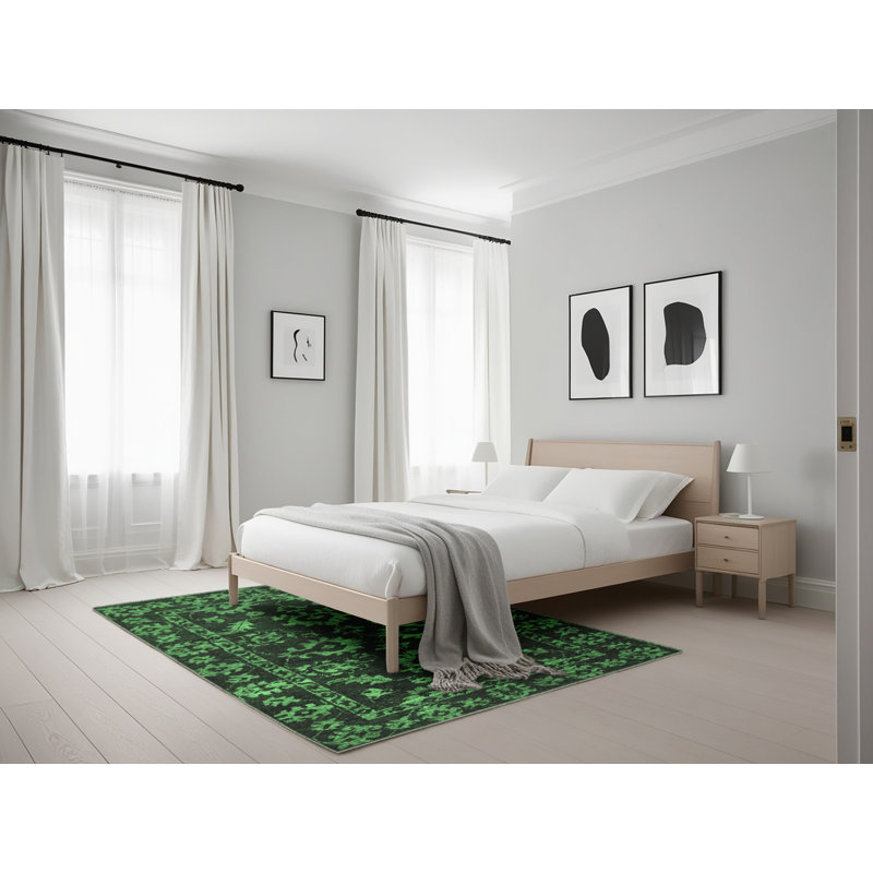 Tapis oriental en laine / polyester tissé à la machine en vert / noir, Rectangle 5 pi x 7 pi