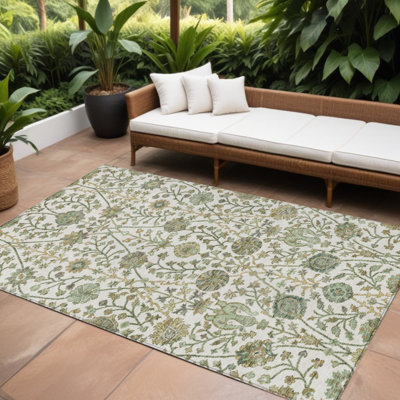 Tapis intérieur / extérieur lavable floral vert ivoire et brun 9 pi x 12 pi