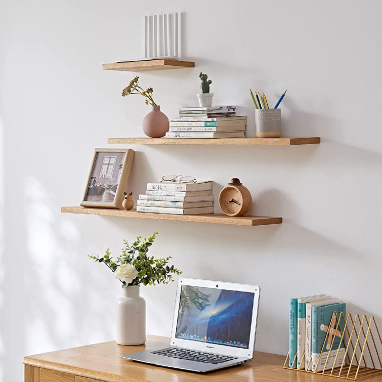 MOOCSIC Floating Shelves for Bathroom 14 Inch Set of 3 Natural Pine Real  Wood Shelf No Drill 2 Way of Wall Mounted Shelves for Storage Rustic Shelf