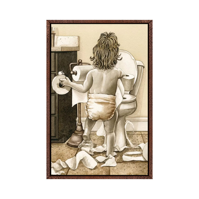 Toddler With Toliet Paper by Tracy Lizotte - Painting on Canvas, Classic Brown Wood Framed, 152.5 cm H x 101.5 cm W