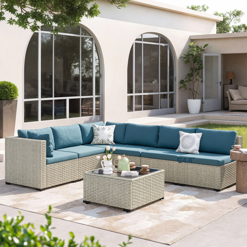 Demasi 6-Person Patio Furniture Set With Comfortable Cushions And Glass Table, Dark Gray