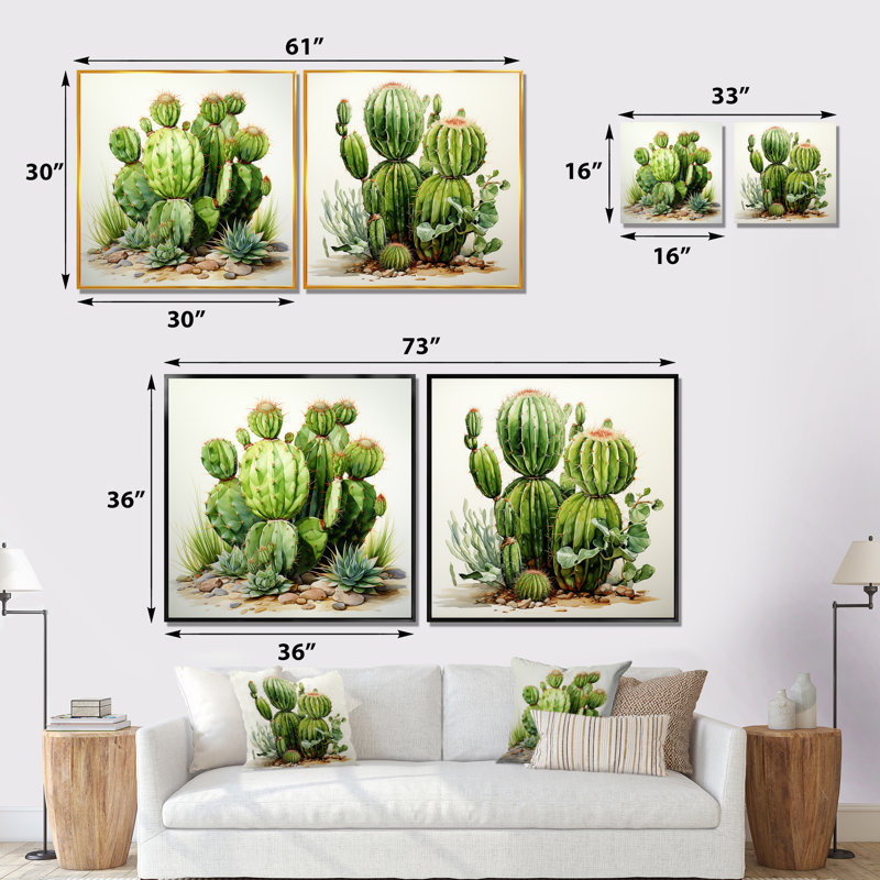 Désert vert Cactus Impression I - ensemble de 2 décorations murales florales, Toile tendue, H 30 po x l 61 po x P 1 po