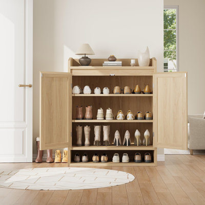 Rattan Shoe Cabinet with 2 Doors & Adjustable Shelves, 5-Tier Wooden Shoe Storage Organizer for Entryway