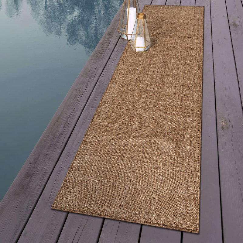 Plaid Sand/Natural Easy-Care Jute-Style Indoor/Outdoor Flat Woven Area Rug, Runner 2'3" x 6', Sand