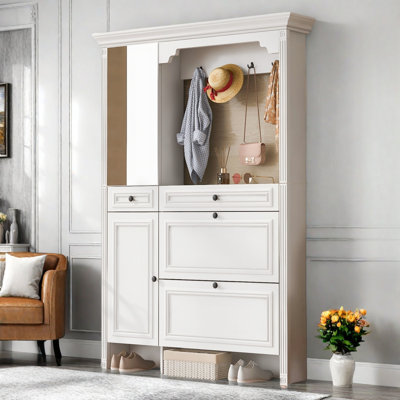3-in-1 Hall Tree With 4 Sturdy Hooks, Foldable Seat, Mirrored Cabinet Door, Integrated Shoe Cabinet And A Drawer