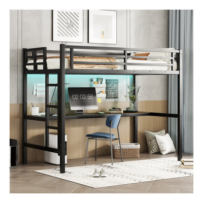 Metal Twin XL Size Loft Bed  With Power Outlet And LED Lighted, Space-Saving, Noise Reduced, Black