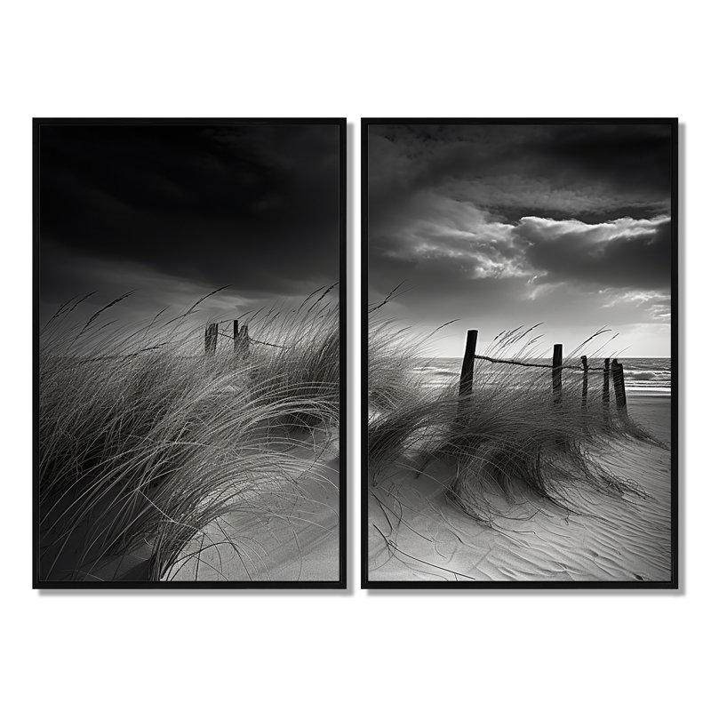 Noir et blanc plage, paysage I - art côtier de plage côtière, H 36 po x l 48 po, Impression encadrée flottante, Noir