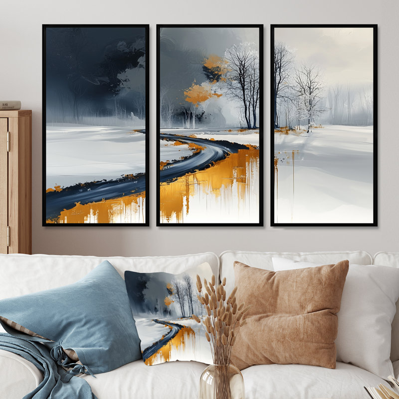 Or et blanc route givrée en hiver I - Ensemble de décorations murales paysage d'hiver, Toile avec cadre flottant noir