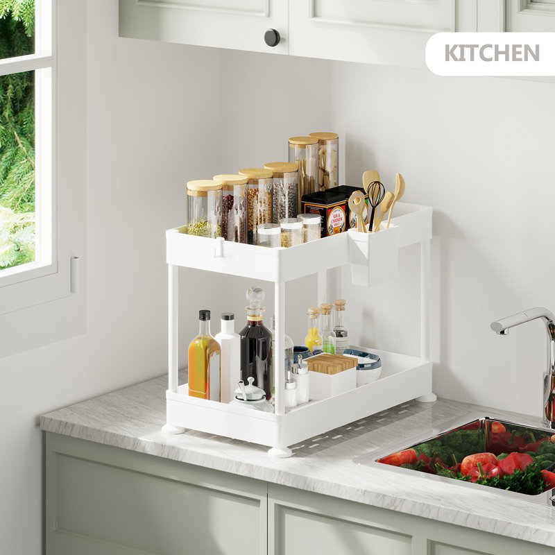 White Two-Tier Under Sink Organizer with Utility Hooks