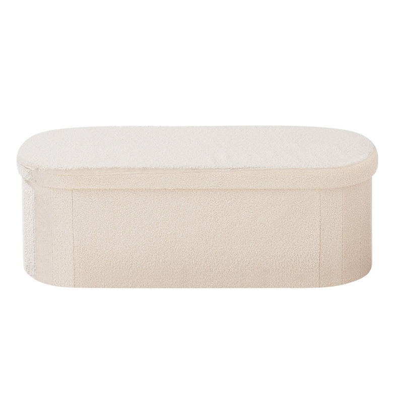 Oval Storage Ottoman Bench, Foldable Teddy Fleece End of Bed Bench, Folding Upholste Bed Ottoman Chest with Large Storage Space, Supports 660 lbs, for Living Room, Bedroom, Entryway
