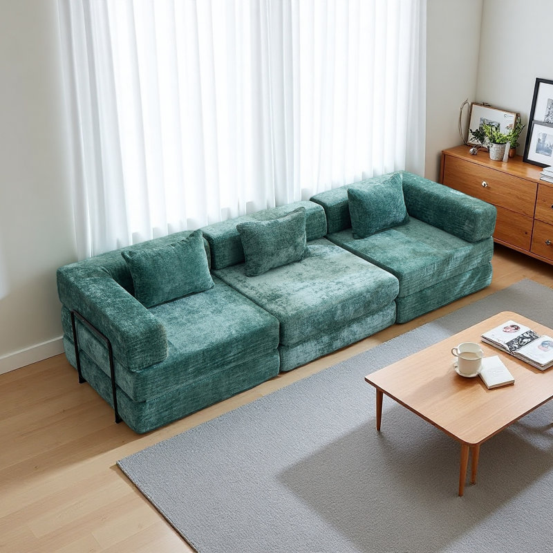 Canapé à compression, canapé-lit convertible au sol avec structure de forme fixe, canapé modulaire désossé, aucun assemblage requis, tissu chenille, pour la chambre du salon