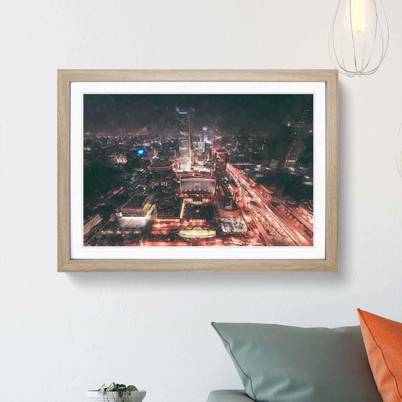 Skyline of Beijing in China in Abstract - Picture Frame Graphic Art Print, 48cm H x 65cm W x 2cm D, Oak Framed