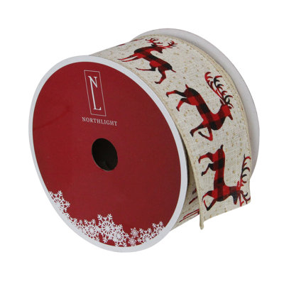 Beige and Red Plaid Buffalo with Reindeer Christmas Wired Craft Ribbon 2.5" x 16 Yards
