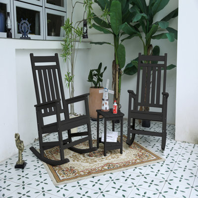 All Weather Rocking Chair Set With Side Table, 3-Piece Rocking Chair Set With Wood-Texture , Grey(Includes 2 Rocking Chairs And 1 Table)
