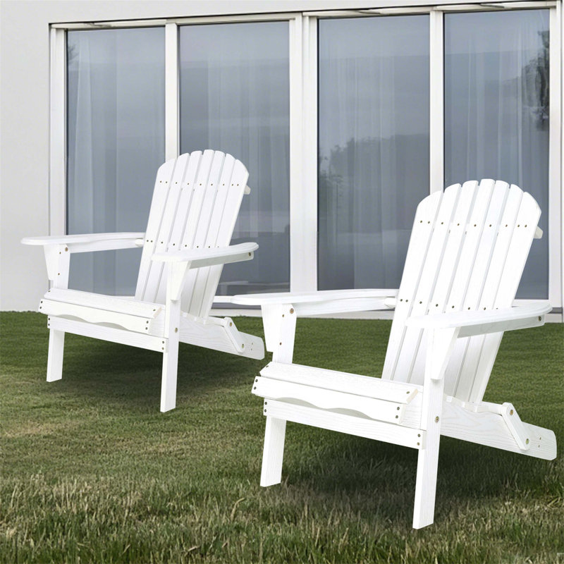 Solid Cedar Wood Adirondack Patio Chairs with Embossed Grain, Foldable and Durable for Outdoor Relaxation, Set of 2, White