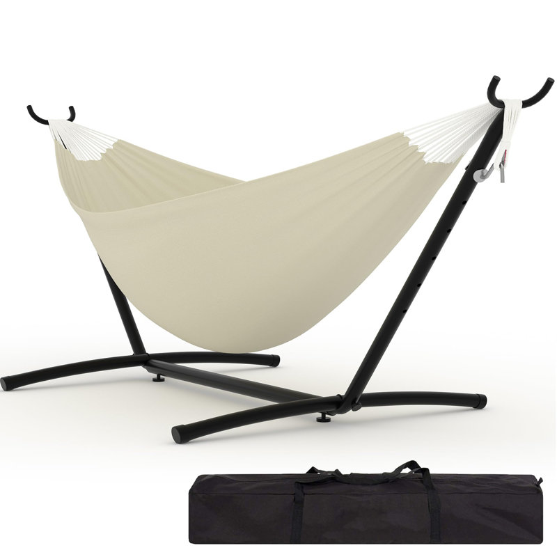 Hamac pour 2 personnes avec support, hamac en polyester et coton blanc avec structure en corne de chèvre, support en acier robuste inclus pour le patio extérieur