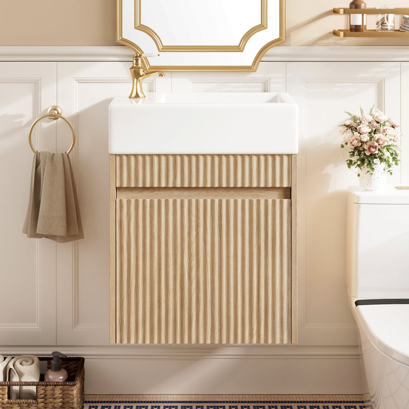 Meuble-lavabo flottant de 18,5 po avec lavabo et porte en résine gauche / droite, armoire en MDF, charnières à fermeture en douceur sans poignée, conception murale peu encombrante.